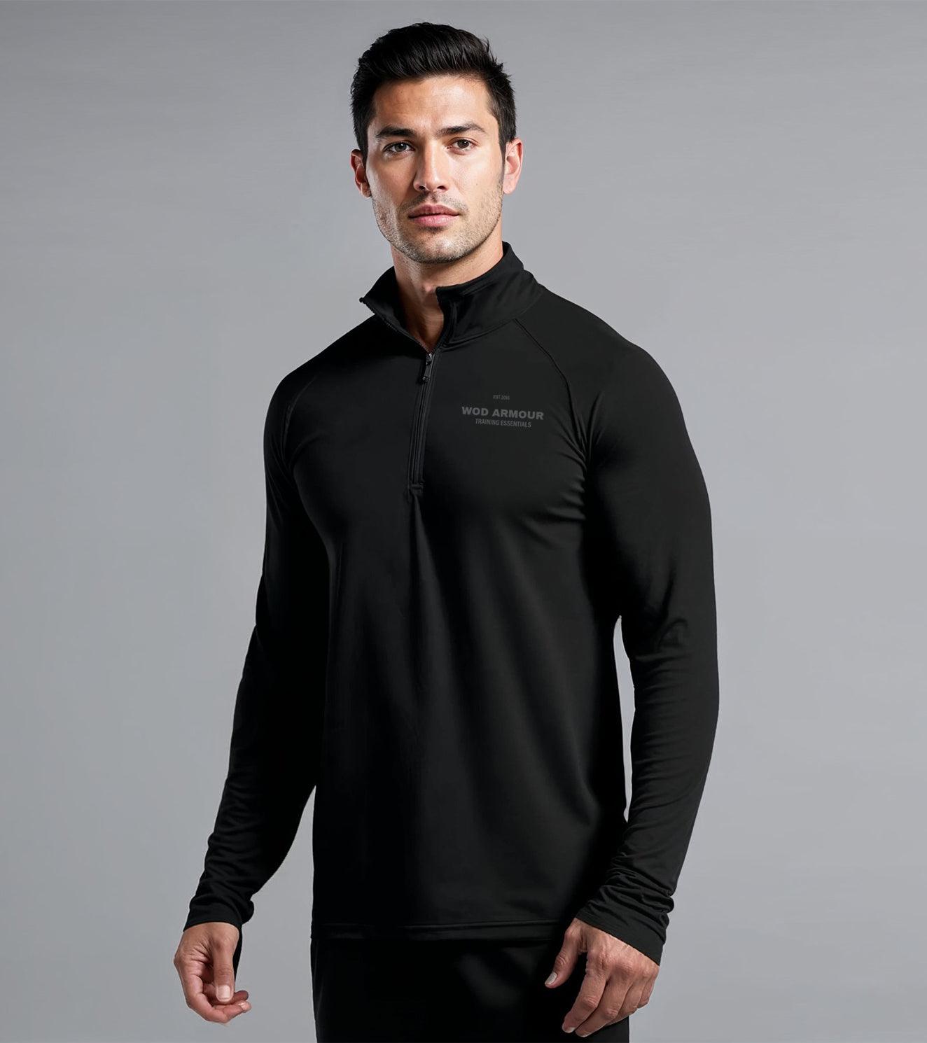 Men's Black Dry Fit Half Zip Long Sleeve Running T-Shirt - wodarmour