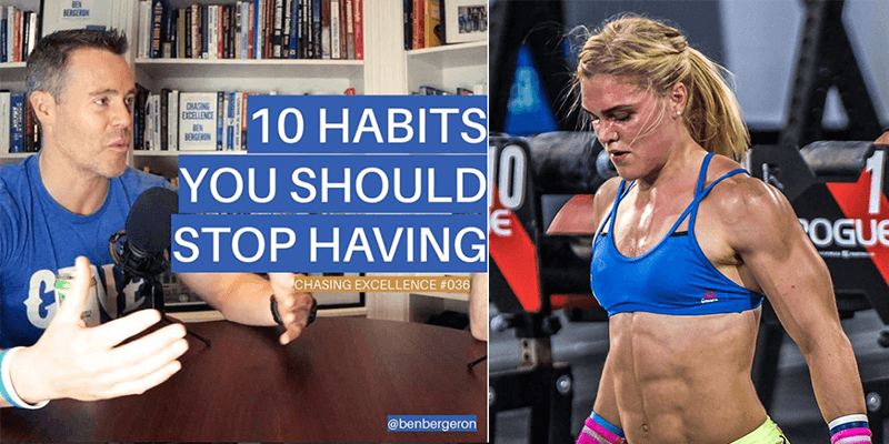 Man podcasting about fitness habits, muscular athlete in sports bra at gym, motivational message.