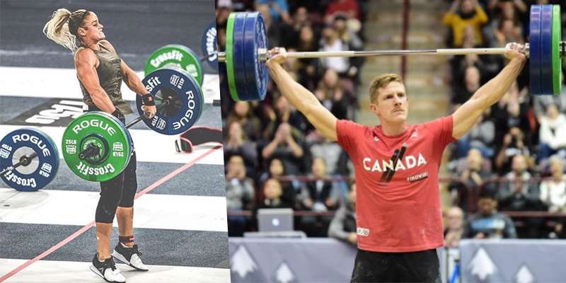 CrossFit athletes performing barbell lifts at a competition, showcasing strength training.