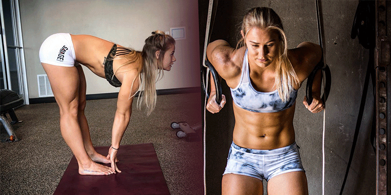 Athletic woman performing functional fitness stretches and ring dips in gym setting