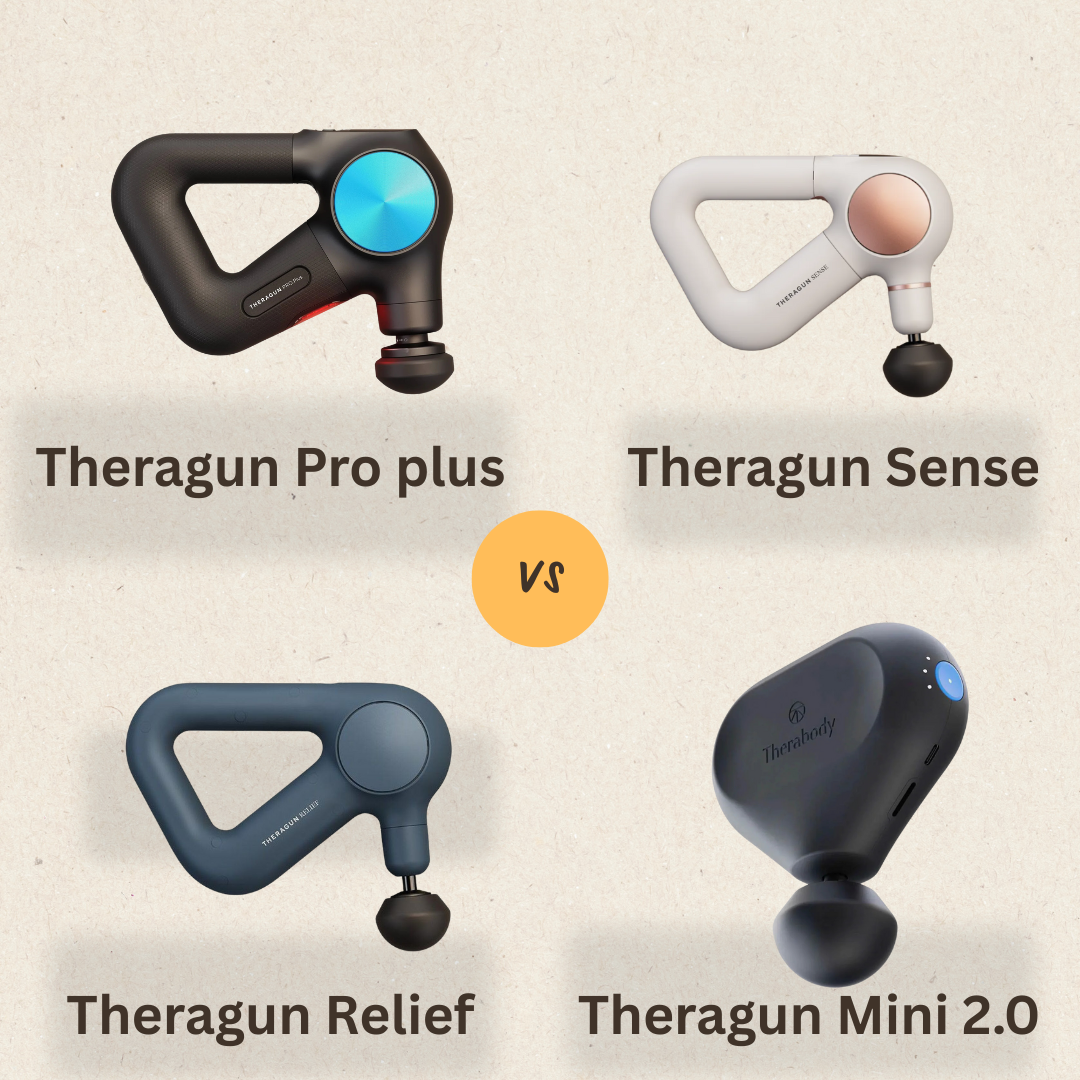 Comparison of Theragun Pro Plus, Theragun Sense, Theragun Relief, and Theragun Mini 2.0 massage guns on a beige background.