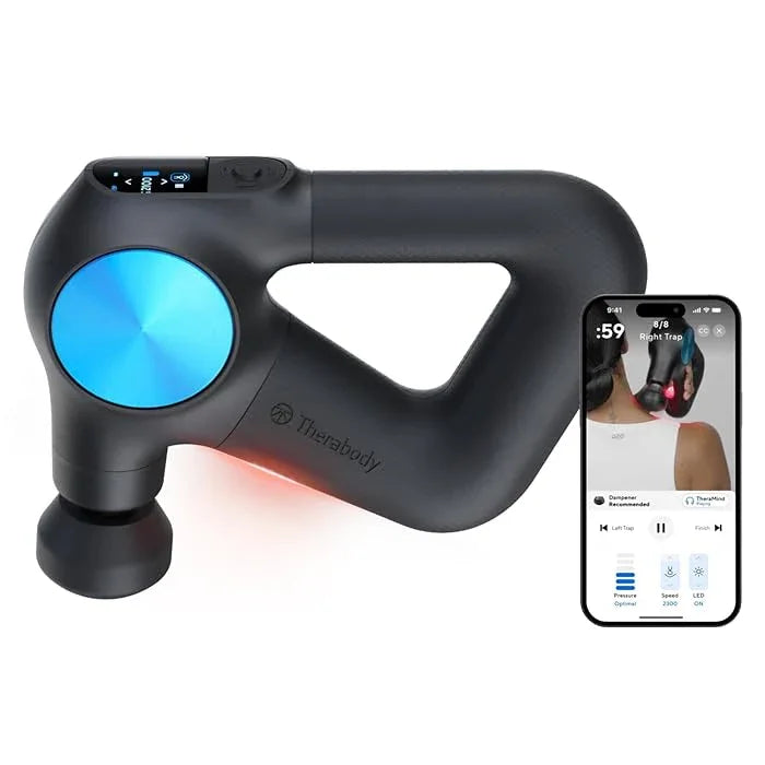 Percussion massage gun with blue accent and smartphone app for muscle recovery