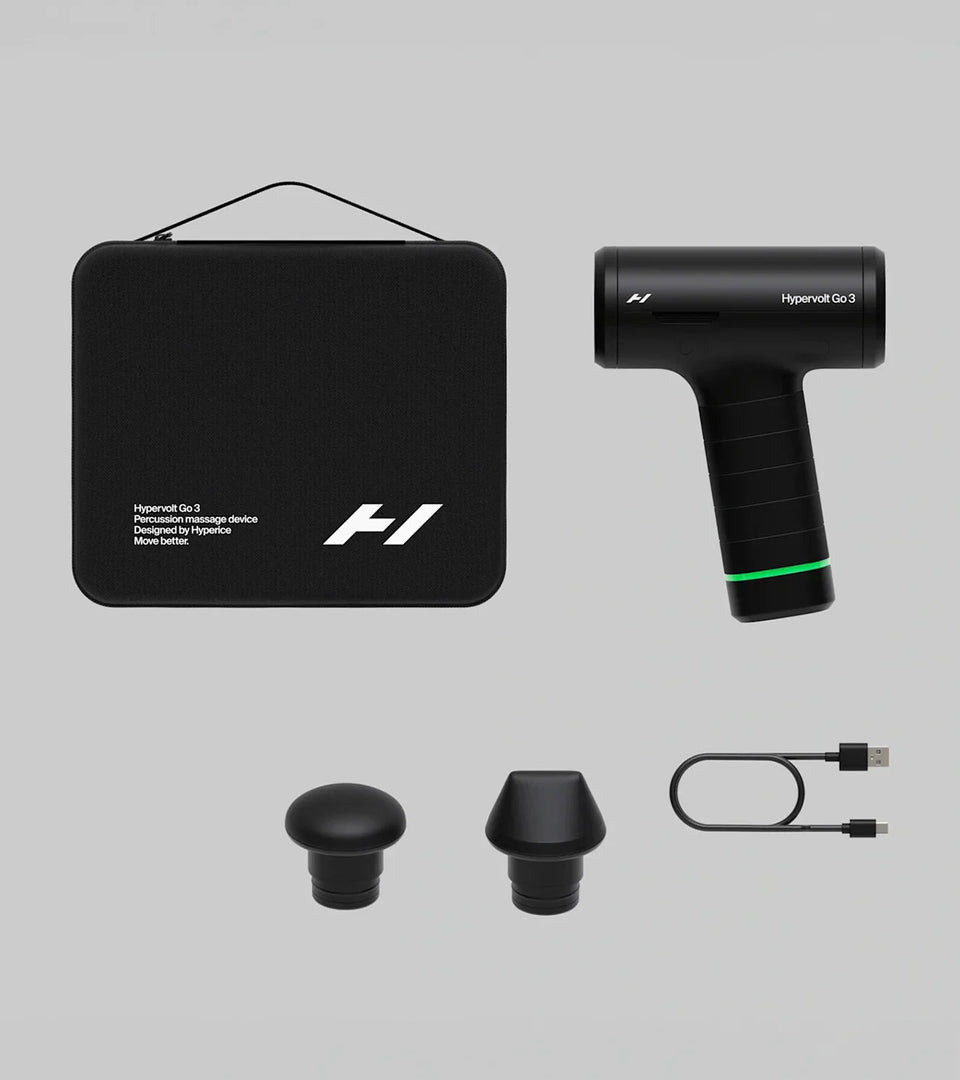 Hyperice Hypervolt Go 3 massage gun in matte black with its carry case, Flat and Wedge heads and USB-C cable