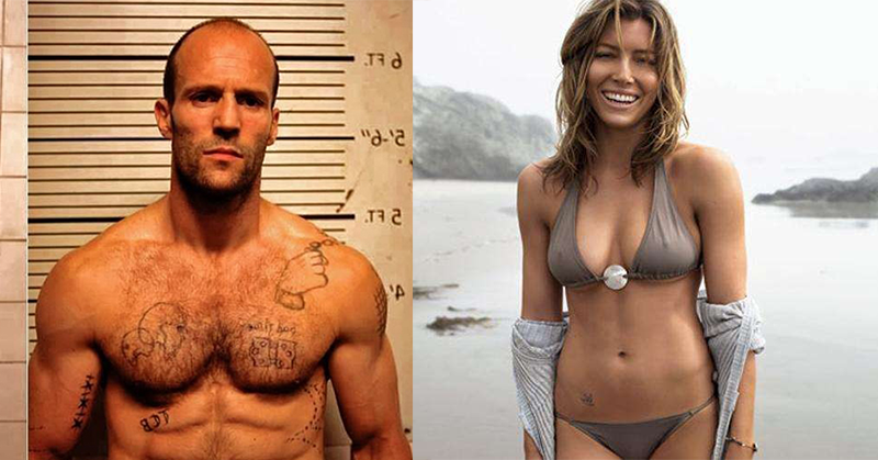 Comparison of a muscular man with tattoos and a fit woman in a bikini.
