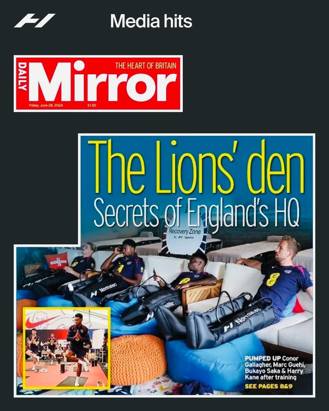 Professional athletes using Normatec recovery boots in a training lounge, featured in Daily Mirror.