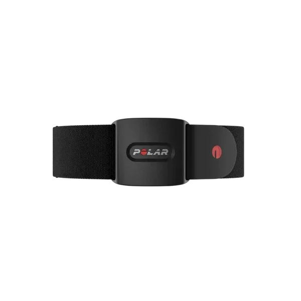 Polar heart rate monitor chest strap for fitness tracking on a black background