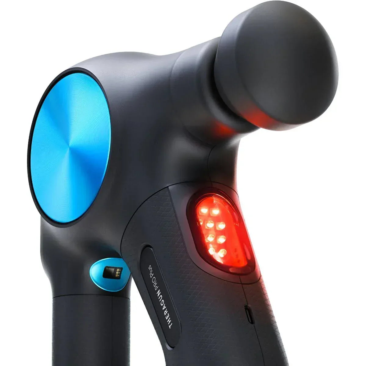 Close-up of a black and blue massage gun with LED lights, used for muscle recovery