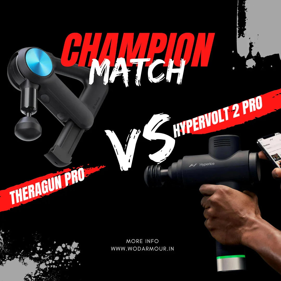 Theragun Pro and Hypervolt 2 Pro massage guns comparison on a black background.