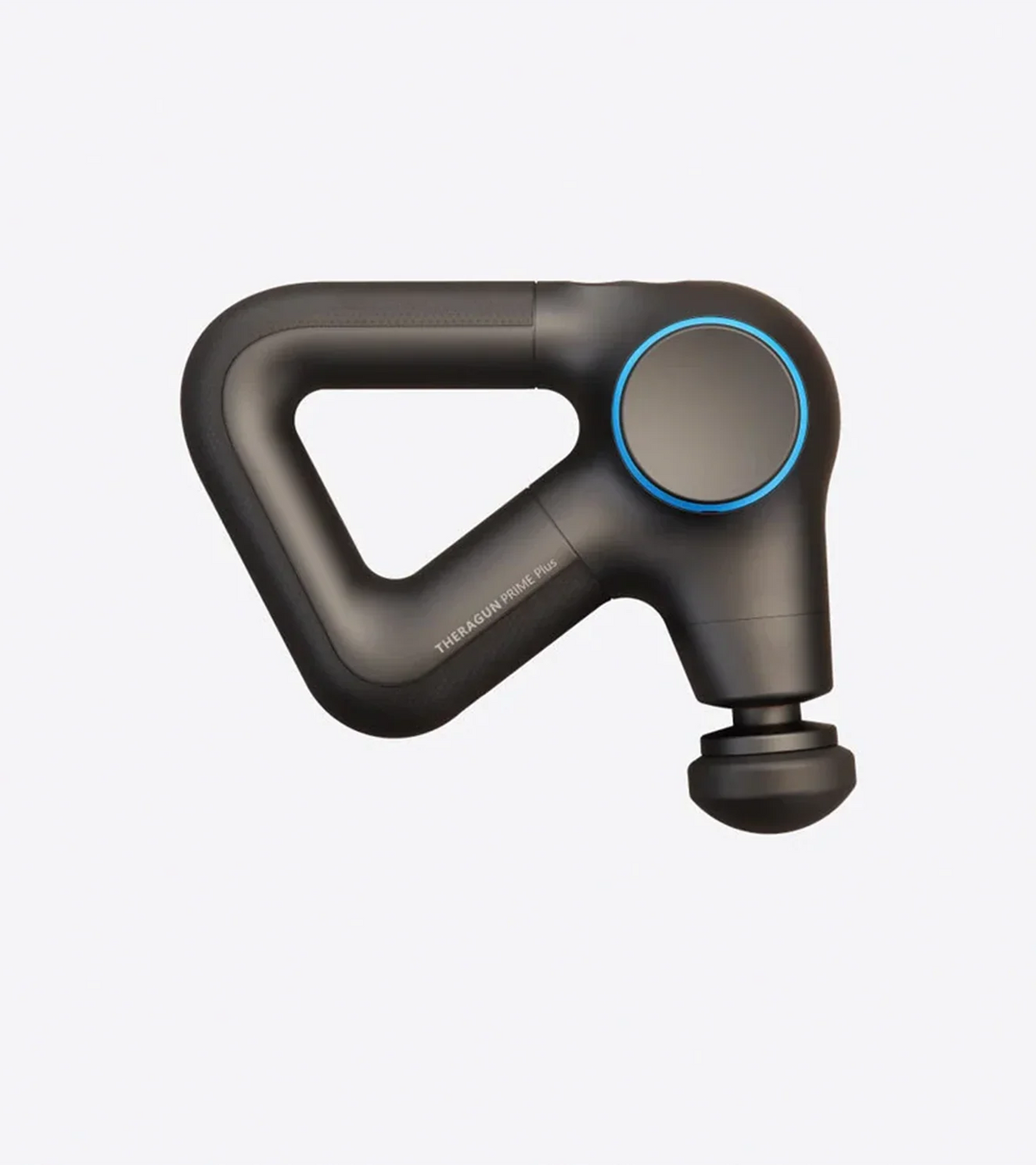 Therabody Theragun Prime Plus heated massage gun in black with its triangle grip handle, side view