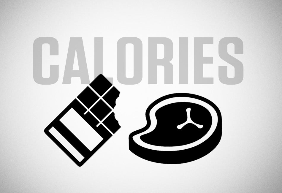 Calories text with icons of a chocolate bar and steak, nutrition and diet illustration