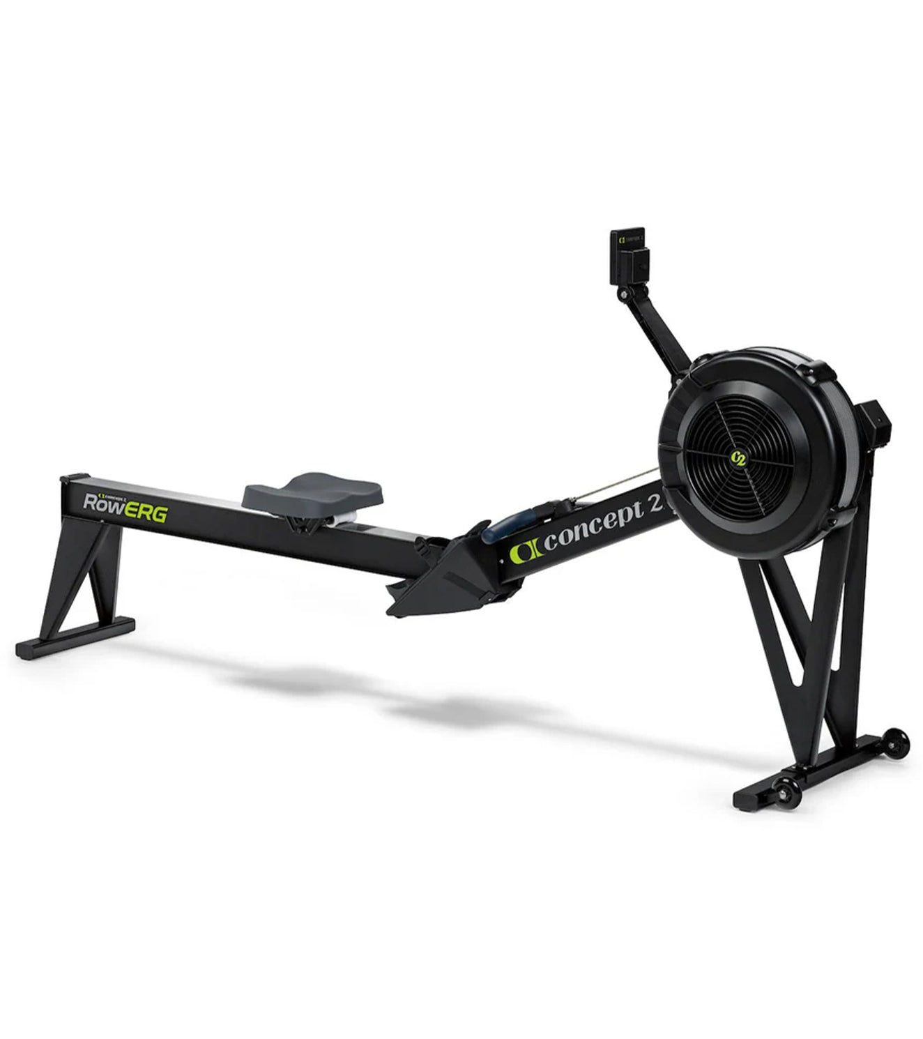 Black Concept2 rower machine with digital monitor on white background, indoor fitness equipment.