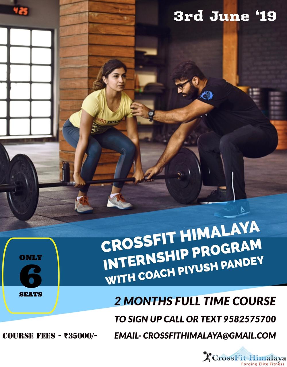 Female athlete lifting barbell in gym with trainer coaching her, CrossFit internship program promotion.