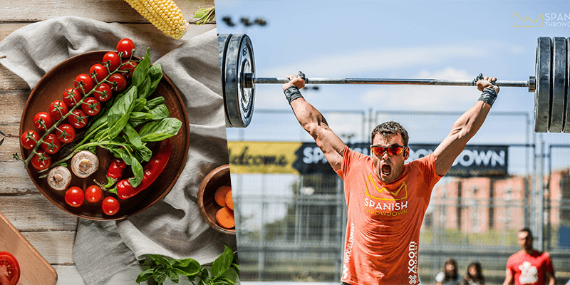 Split image of fresh vegetables and a CrossFit athlete lifting weights outdoors