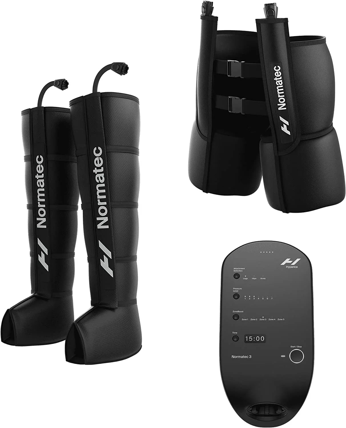 Normatec recovery system with leg sleeves, hip attachment, and control unit for athletic muscle recovery