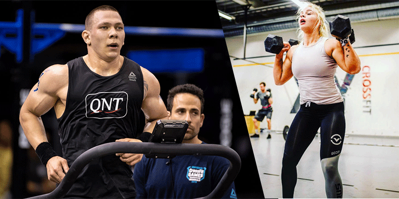 Athletes performing CrossFit workouts, including treadmill running and dumbbell exercises in a gym setting.