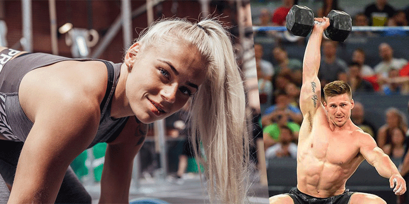 Fit woman preparing for workout and muscular man lifting dumbbell in CrossFit gym setting