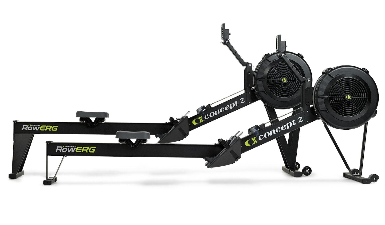 Two Concept 2 RowERG rowing machines side by side for indoor fitness training