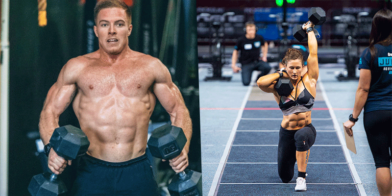 Male and female athletes performing dumbbell exercises in a gym and competition setting