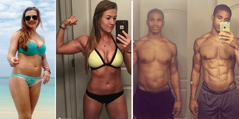 Before and after fitness transformation photos of men and women showing muscle gain and fat loss