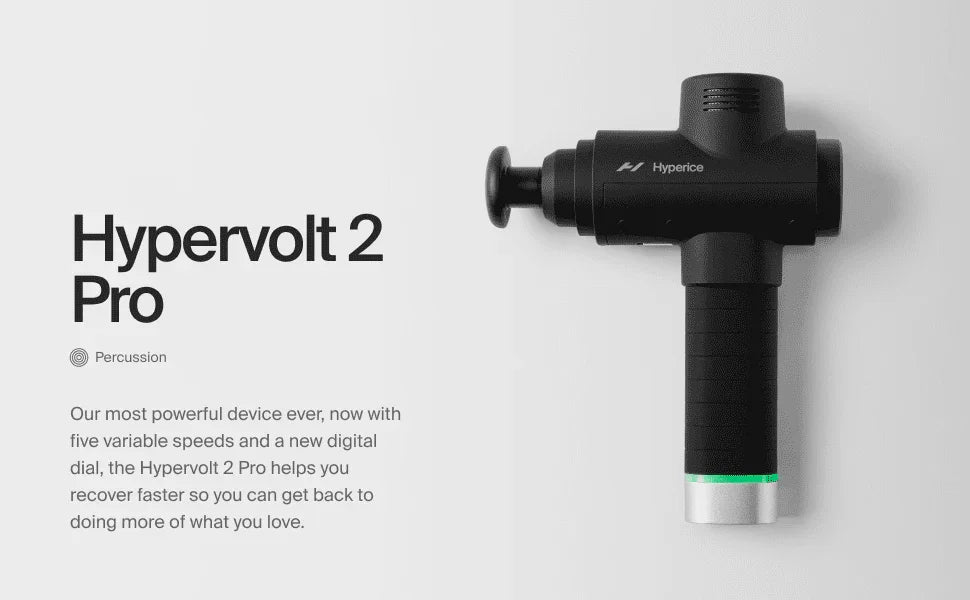 Hypervolt 2 Pro massage gun with digital dial shown on a plain background, fitness recovery tool.