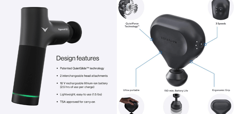 Hypervolt Go and Theragun Mini massage guns comparison with design features and specifications