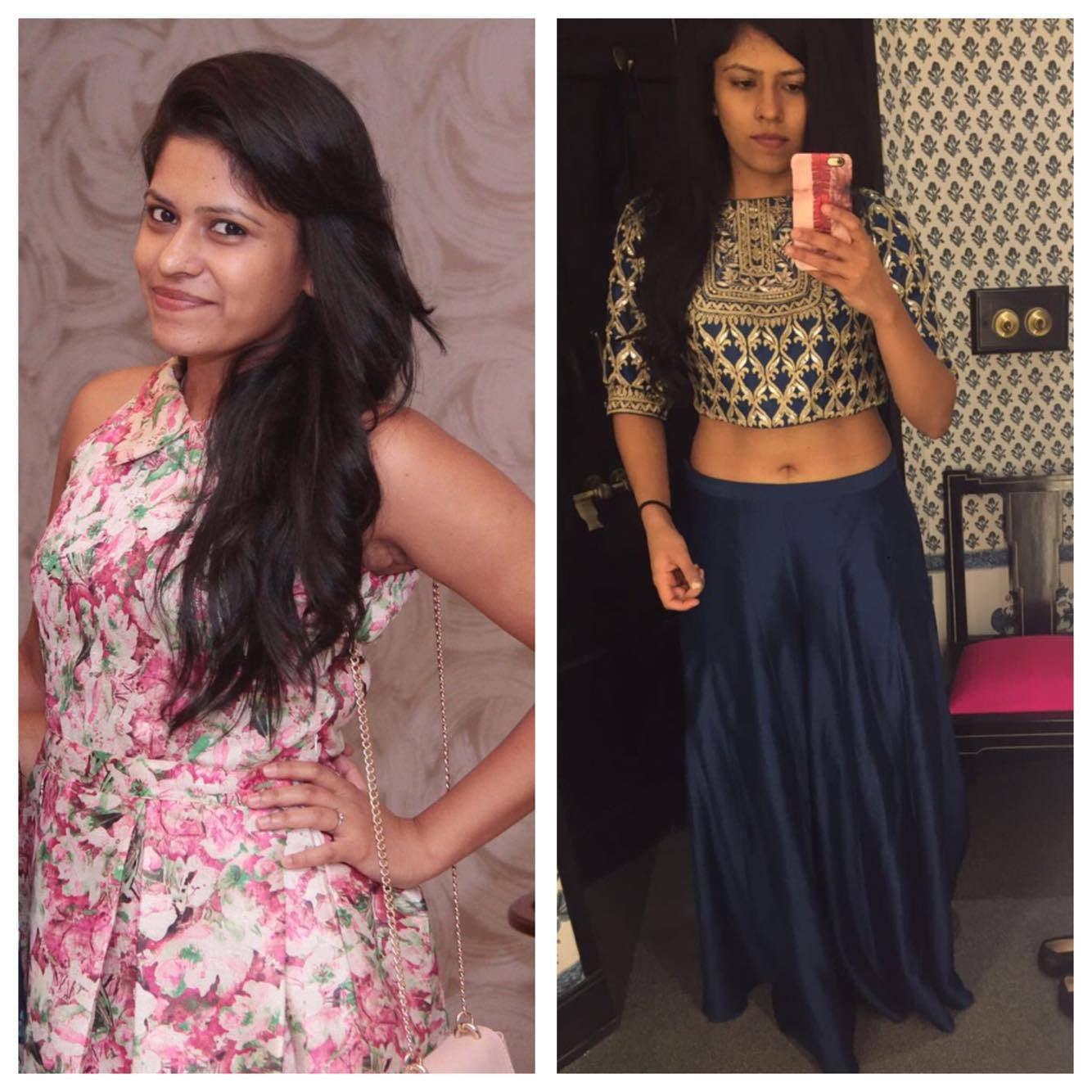 Before and after weight loss transformation of a woman, wearing different outfits