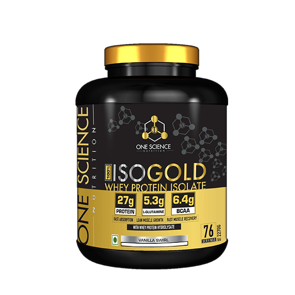 One Science ISO Gold Whey Protein Isolate vanilla swirl tub with nutrition details.