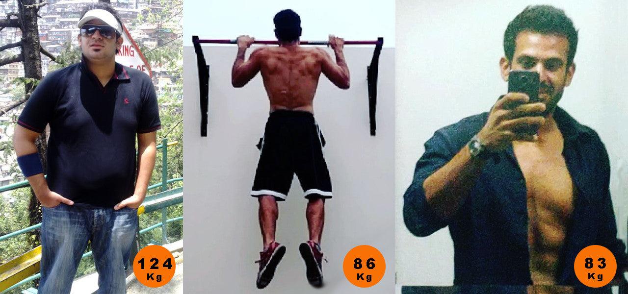 Man's weight loss transformation from 124kg to 83kg, before and after fitness photos.
