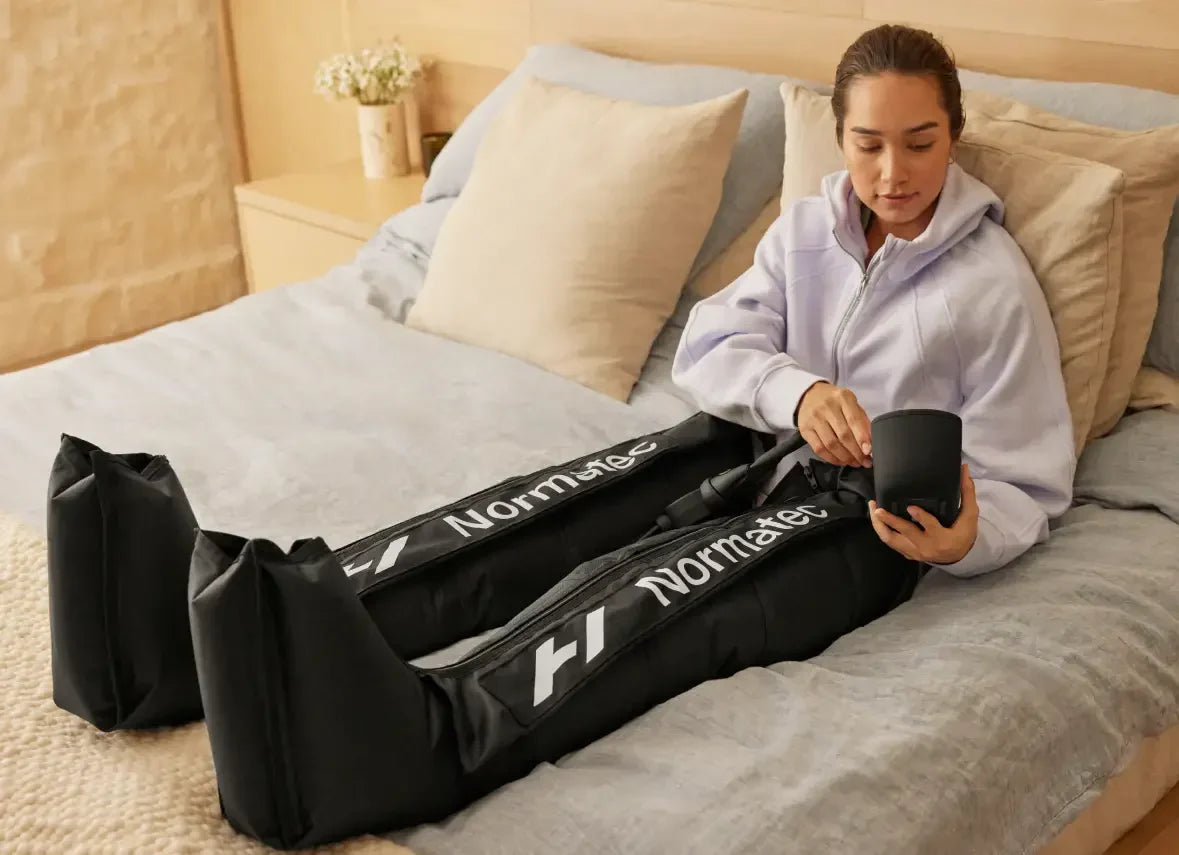 Woman using Normatec compression leg boots for recovery while relaxing on a bed.