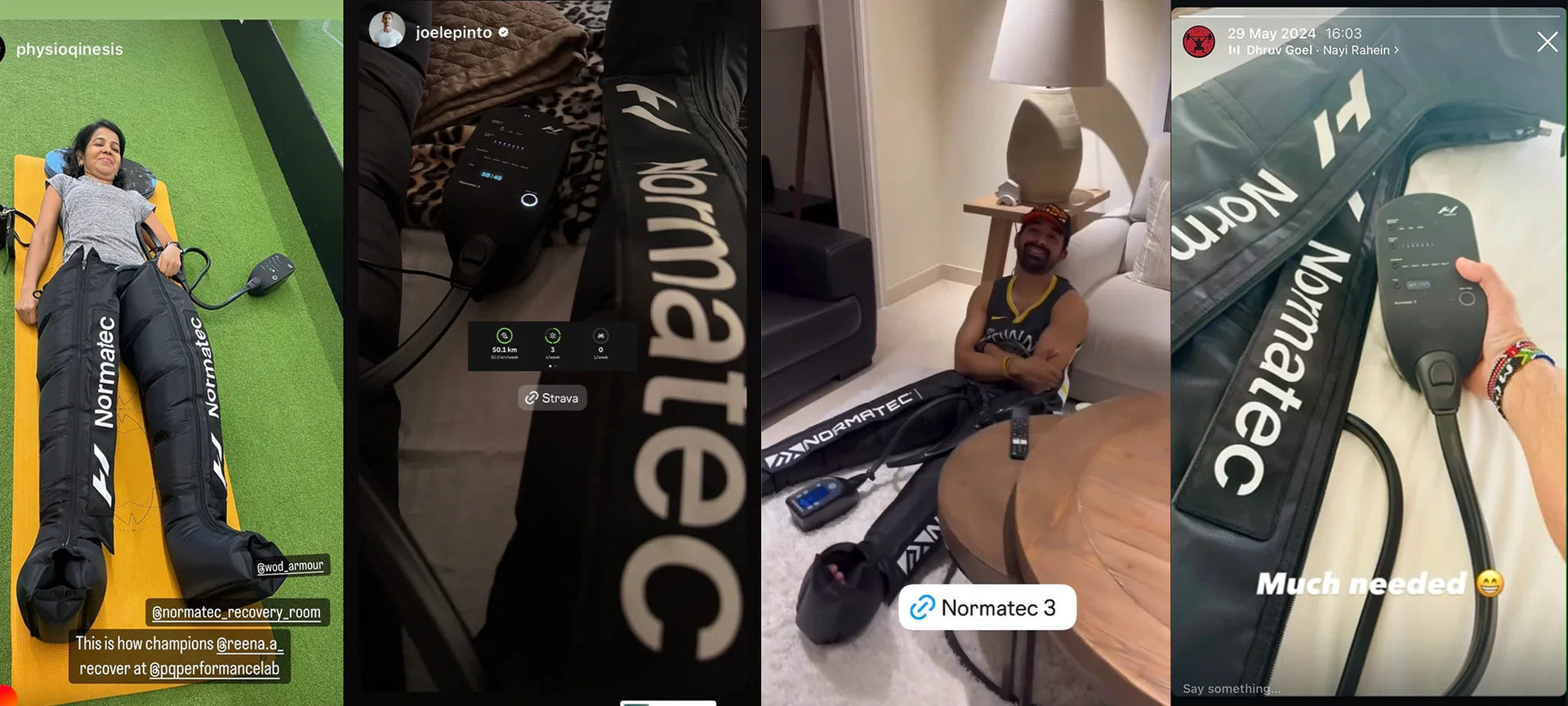 Athletes using Normatec leg compression recovery boots for muscle recovery at home and gym settings