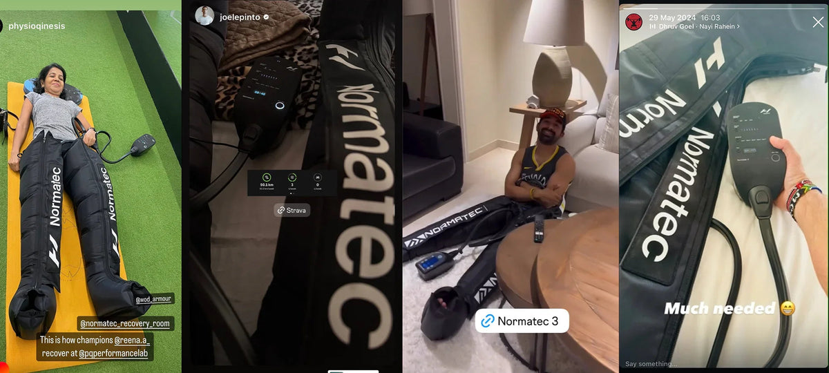 Collage showing athletes using Normatec compression boots for recovery.