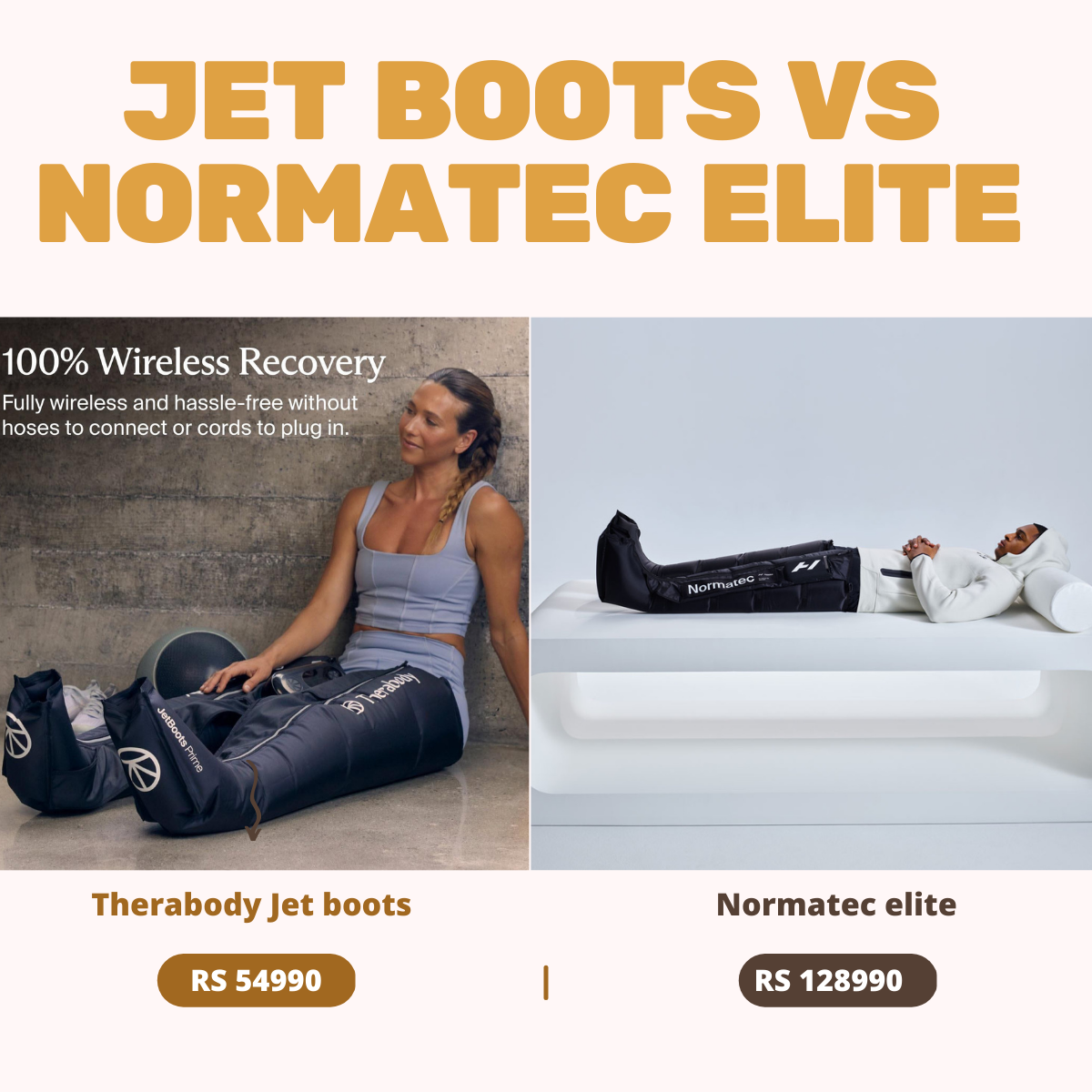 Comparison of Therabody Jet Boots and Normatec Elite wireless recovery systems with prices.