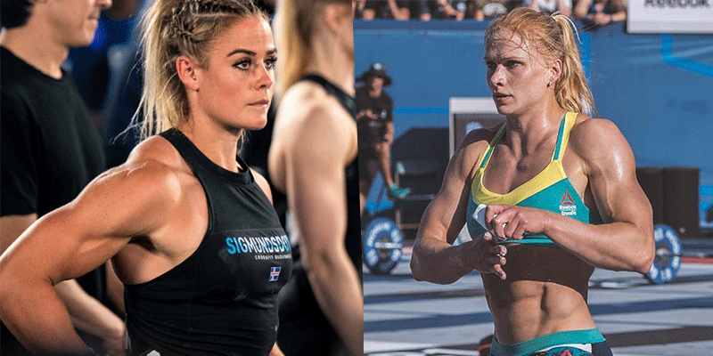 Two female athletes in muscle tank tops at a fitness competition, showcasing strong physiques