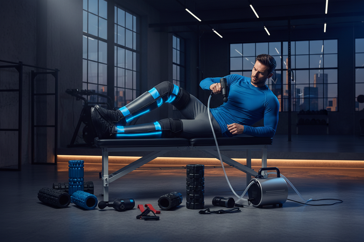 Athlete using a massage gun and recovery tools on a gym bench for muscle relief.