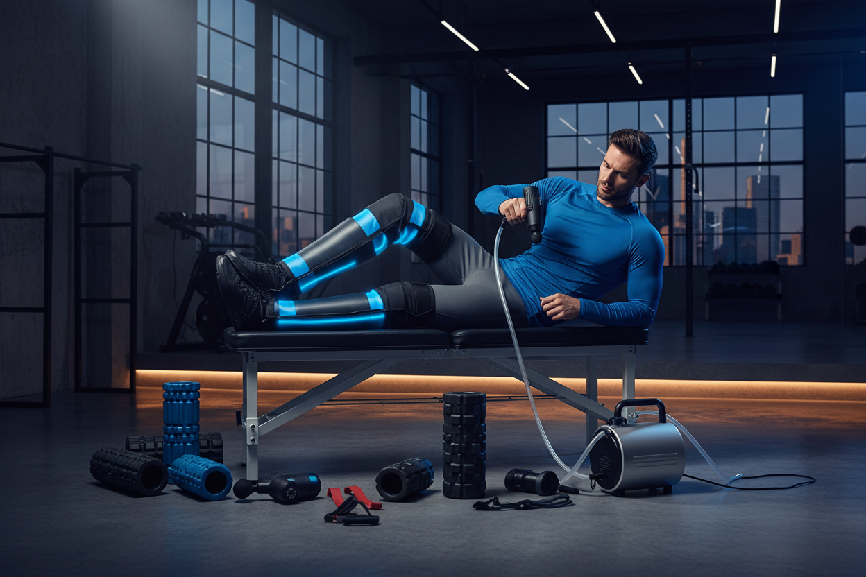 Athlete using sports recovery gear and massage gun on bench in modern gym setting