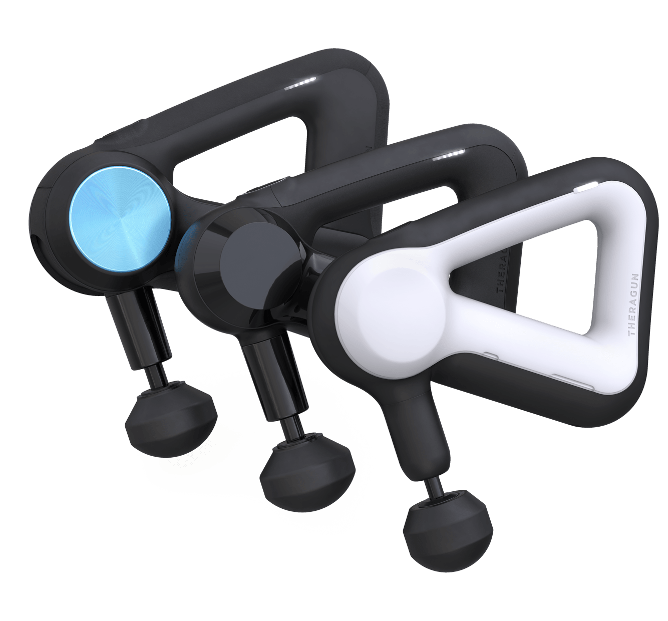 Two handheld massage guns with ergonomic handles, designed for muscle recovery and fitness