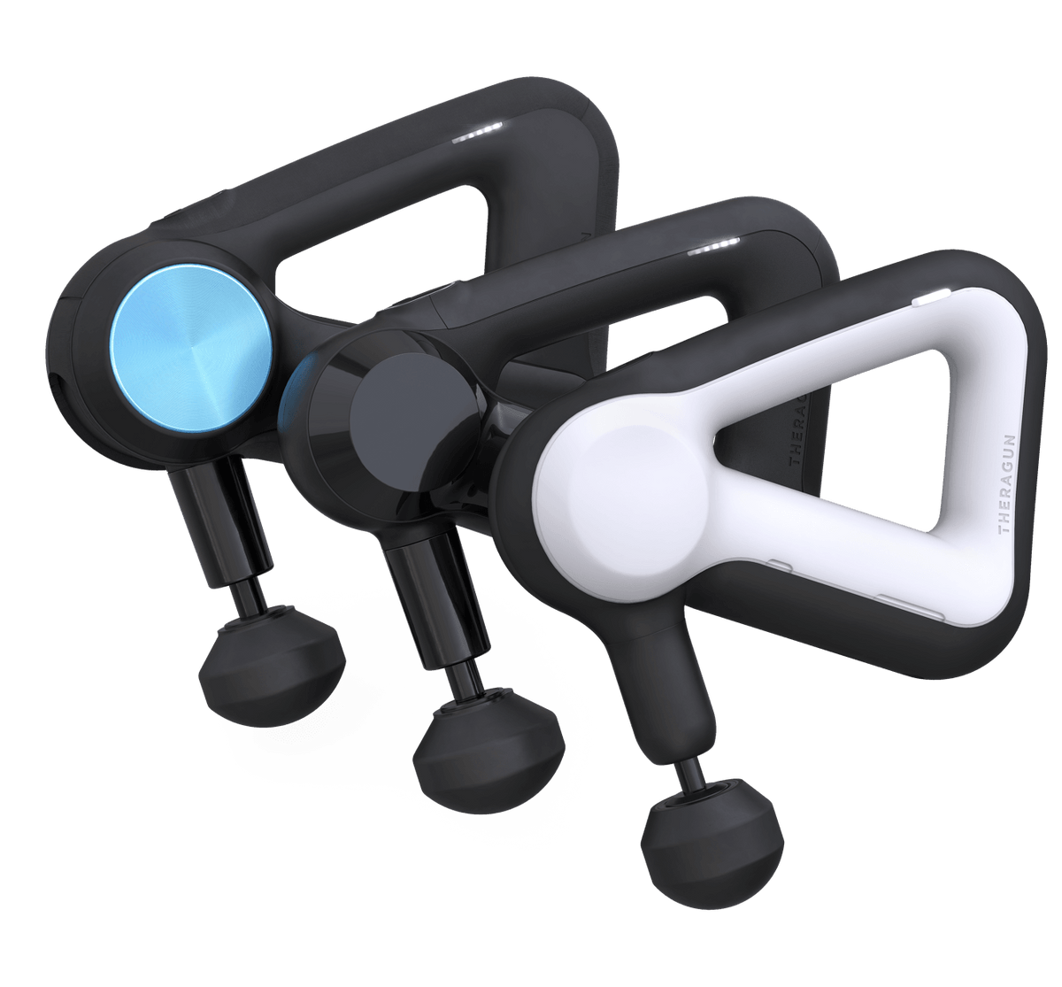 Three Theragun massage guns in black and white colors against a teal background.