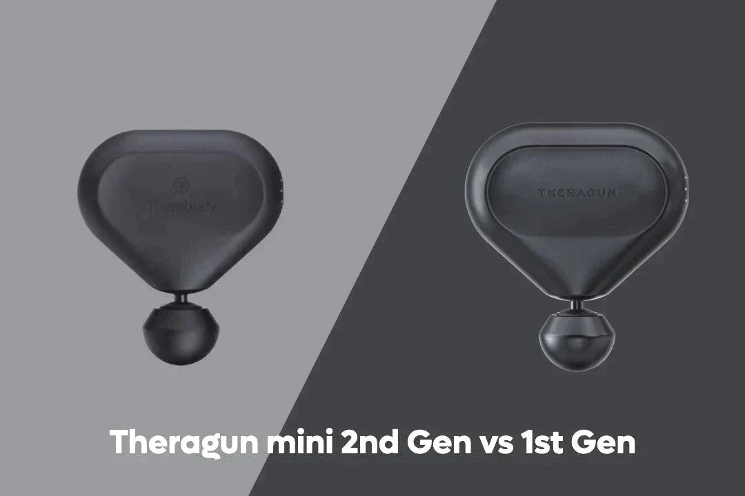 Theragun mini 2nd Gen and 1st Gen massage guns side by side on split background