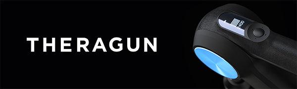 Close-up of Theragun massage gun with power button and LED indicator on dark background
