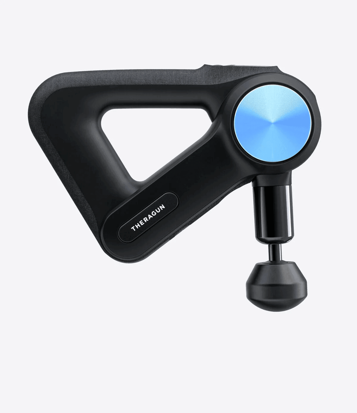 Black Theragun massage gun with blue circular accent for muscle recovery
