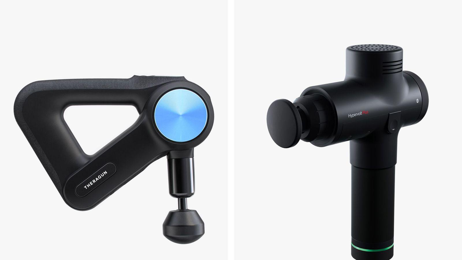 Theragun and Hypervolt massage guns side by side on white background for fitness recovery
