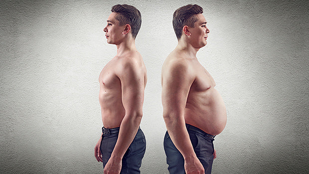 Side by side comparison of a fit man and an overweight man against a neutral background