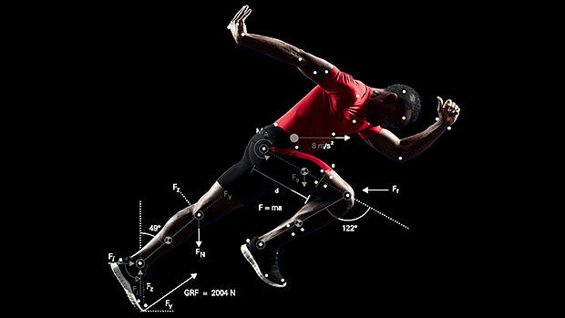 Athlete in red shirt sprinting with biomechanics and force vectors illustrated on body