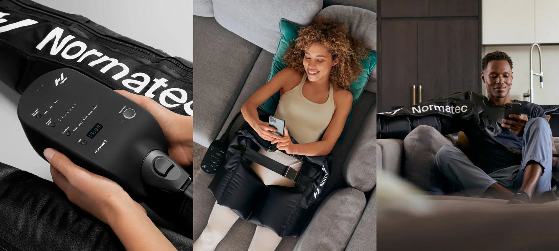 People using Normatec compression therapy leg sleeves for athletic muscle recovery at home