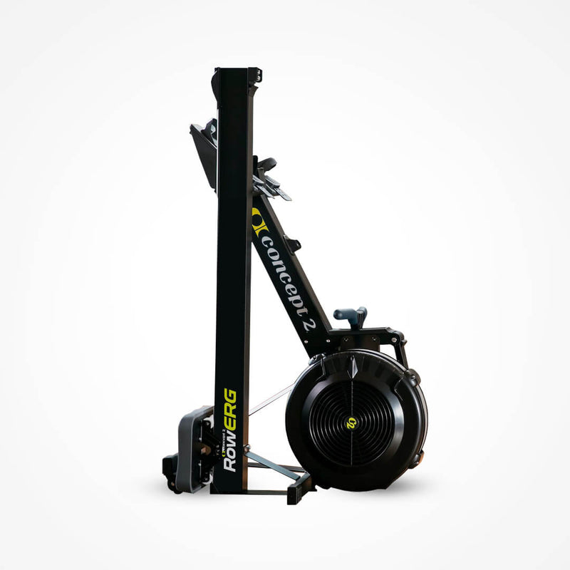 Concept 2 RowERG rowing machine stored in a vertical position against a white background
