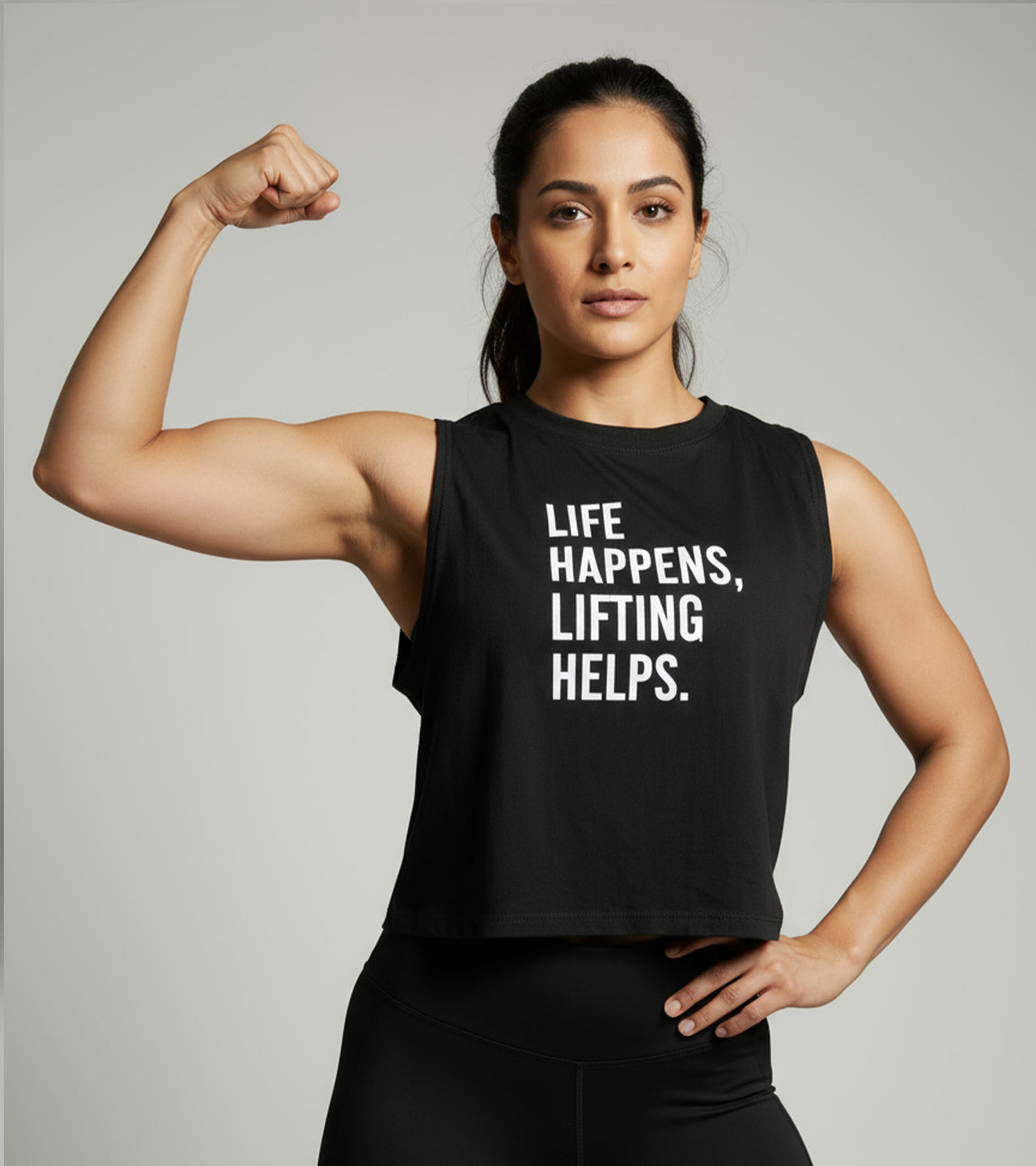 Women's Sleveless crop top (Life happens lifitng helps Black)