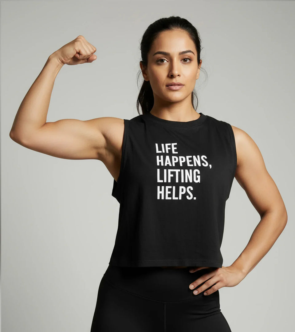 Women's 'Life Happens Lifitng Helps' Crop Muscle Tank Top (Black)