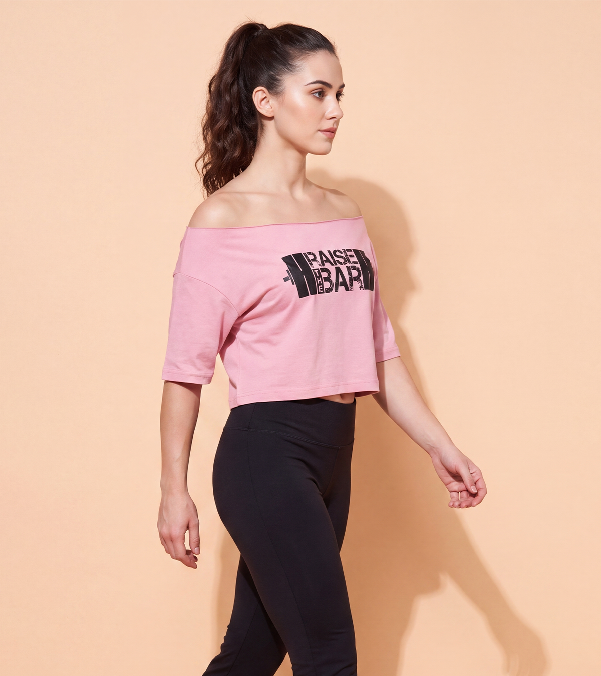 Women's Off-Shoulder RAISE THE BAR crop T-Shirt – image 3