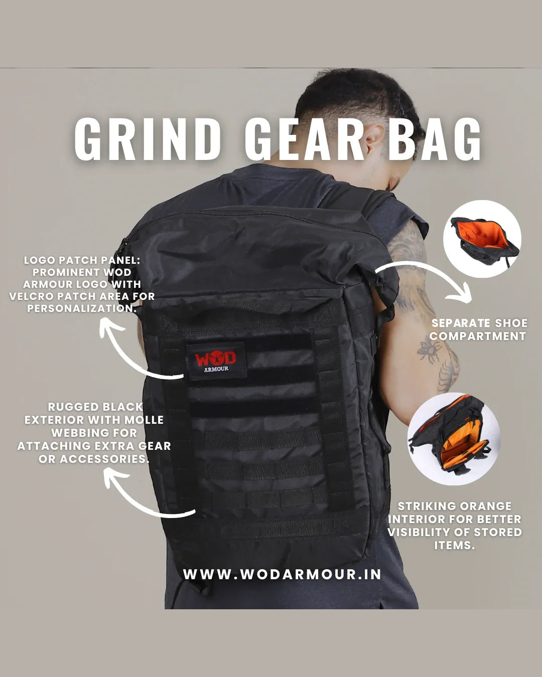 WOD Armour Grind Gear Pack features: MOLLE webbing, logo patch panel, separate shoe compartment, orange interior