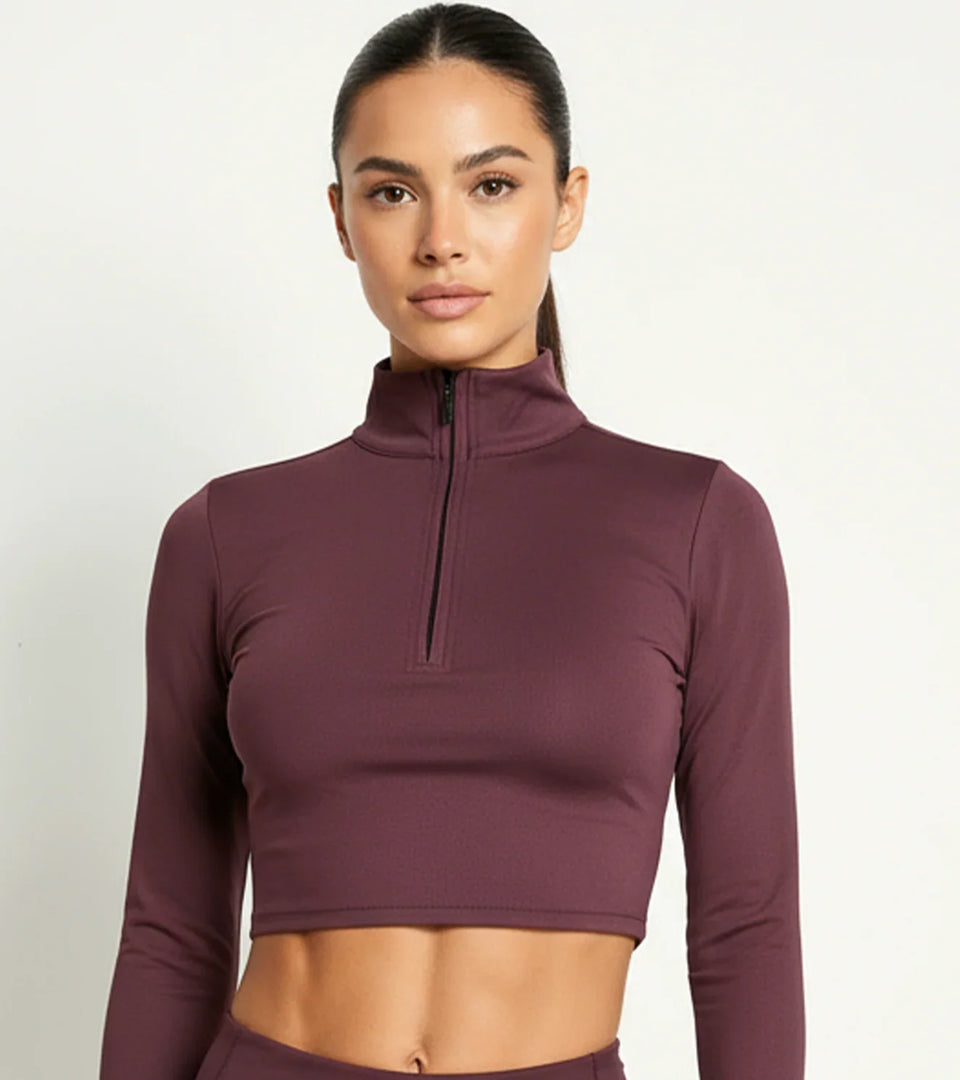 High-Neck Zip Top For Women - Burgundy